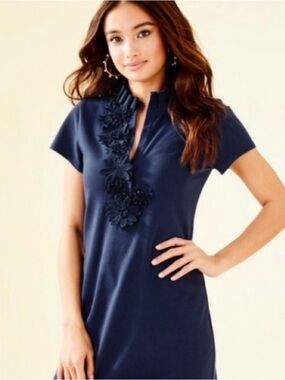 Lilly Pulitzer Navy Floral Appliqué Midi Dress $148 Retail